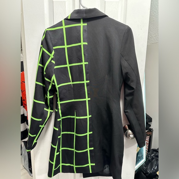 Womens Double Crazy Blazer Jacket Square Pattern Waist Fitted Black/Green Sz S - Picture 2 of 8